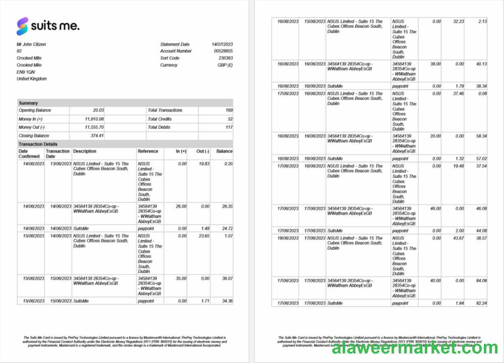 United Kingdom Suits Me bank statement Word and PDF template, 2 pages